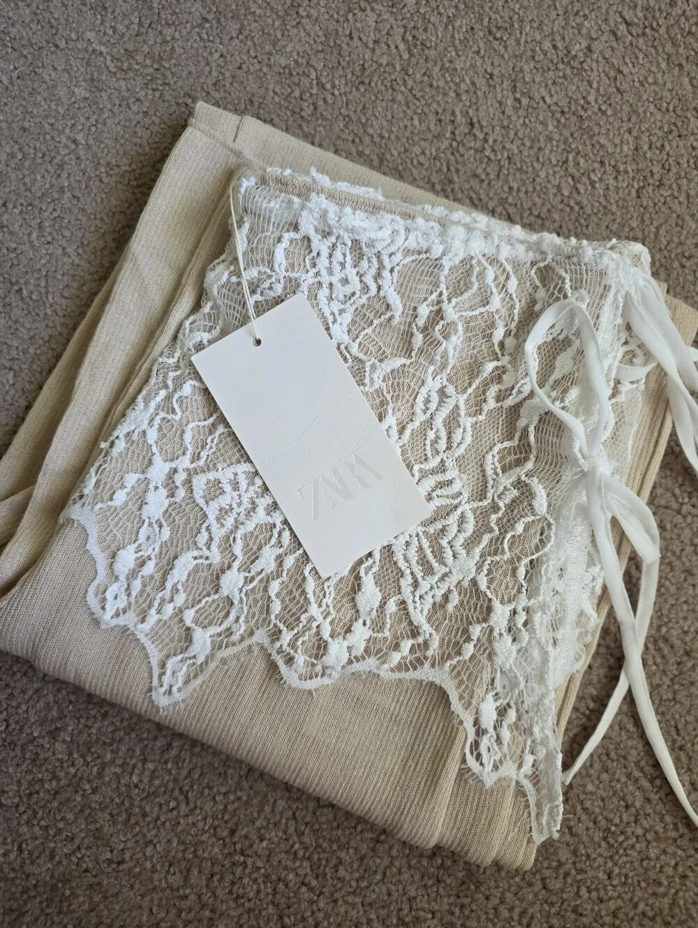 ZARA LACE RIBBED PAREO PANTS CREAM
